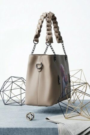 Ethanfpurse Khaki Braided-Handle Graphic Shoulder Bag